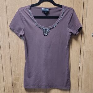 Style & Co. Purple Embellished Short Sleeve Tee